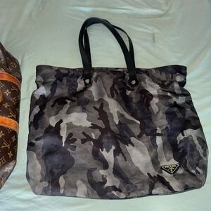 Prada Gray Camouflage Tote with Black Handles